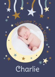 Flat Photo Cards (Pack of 20 Round Corners) with New Baby Moon And Stars design