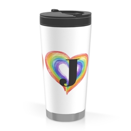 Personalised Travel Mug with Rainbow Heart Monogram Custom Colour design