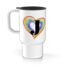 Personalised Travel Mug With Handle with Rainbow Heart Monogram Custom Colour design