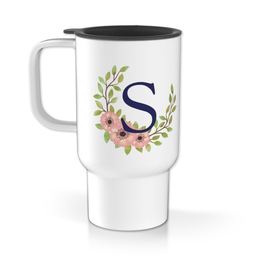 Personalised Travel Mug With Handle with Wreath Monogram Custom Colour design