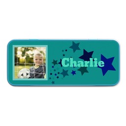 Personalised Pencil Tins Blue with Teal Stars design